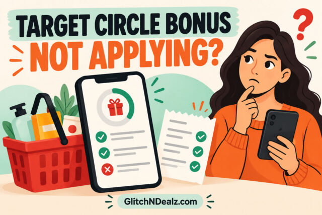 Illustrated Target Circle Bonus troubleshooting checklist with phone, basket and receipt, branded GlitchNDealz.com