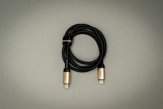 USB-C cable laid out to show its connectors; illustrative stock photograph