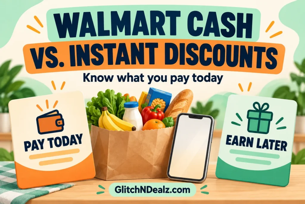 Illustration comparing payment today with rewards earned later beside groceries and a phone, branded GlitchNDealz.com