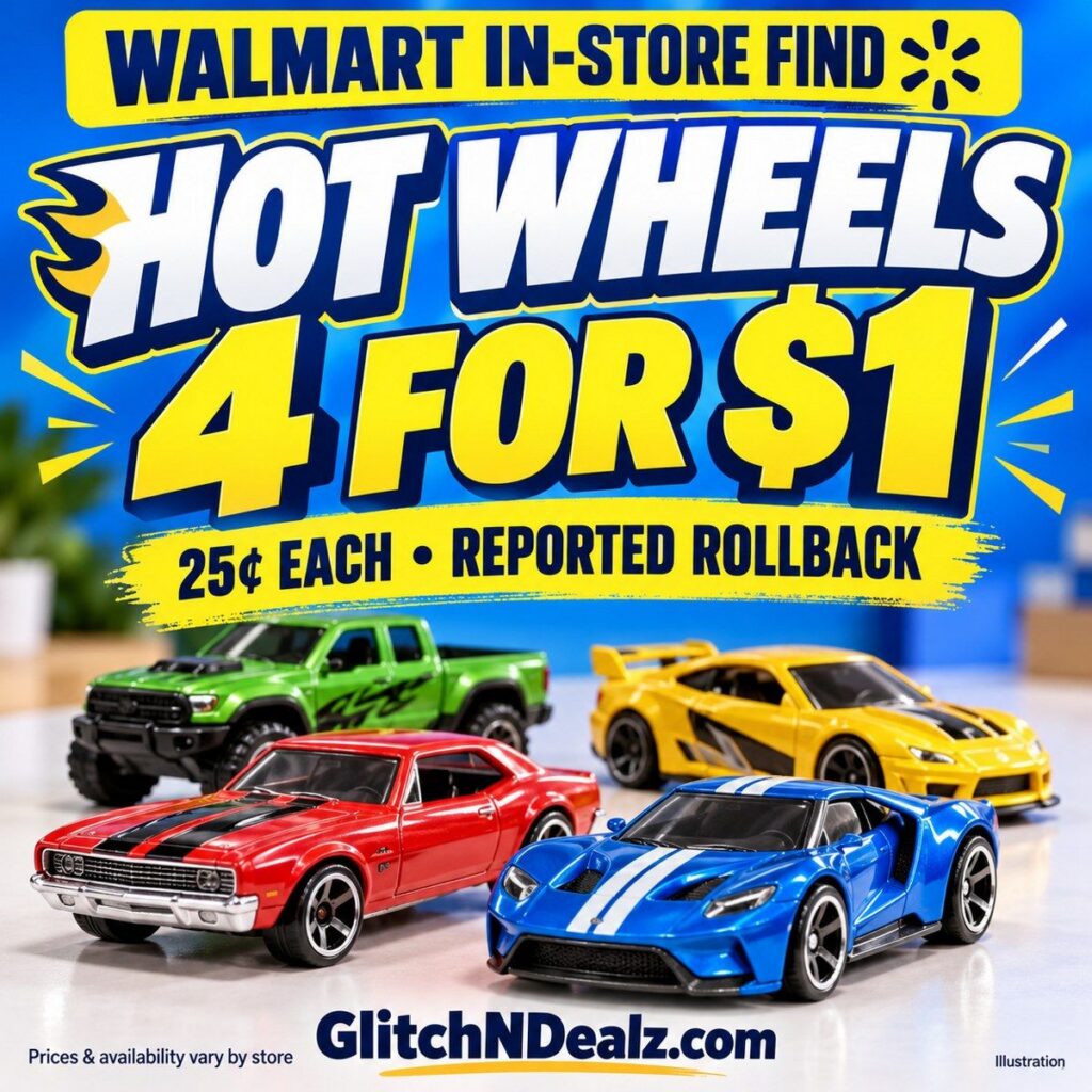 Illustrated GlitchNDealz graphic: Hot Wheels reported at Walmart four for $1, prices vary by store