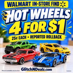Illustrated GlitchNDealz graphic: Hot Wheels reported at Walmart four for $1, prices vary by store