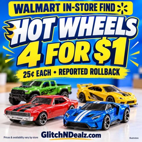 Illustrated GlitchNDealz graphic: Hot Wheels reported at Walmart four for $1, prices vary by store