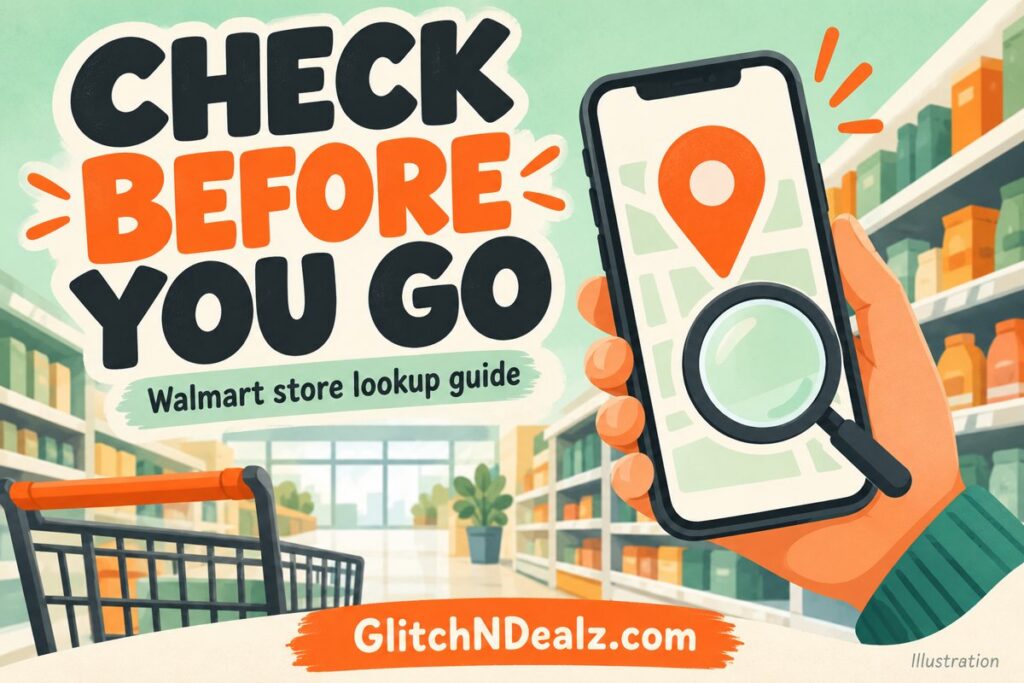 Illustration of a phone, location pin and store shelves for planning a Walmart stock lookup.