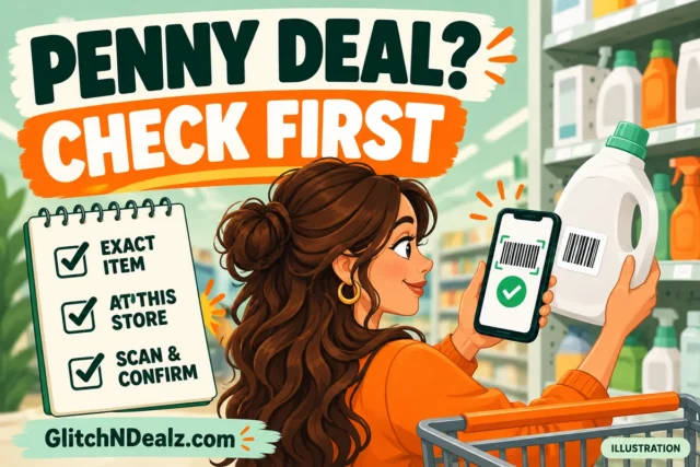Illustration of a shopper scanning a product barcode and checking the exact item and store before buying