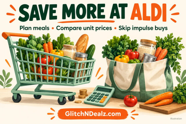 Illustrated grocery cart, reusable bag and calculator showing ways to save money at ALDI
