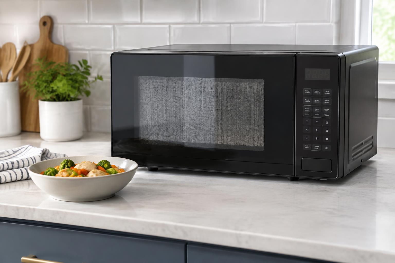 Insignia 1.1 Cu. Ft. Countertop Microwave at Best Buy — AI-generated illustrative scene