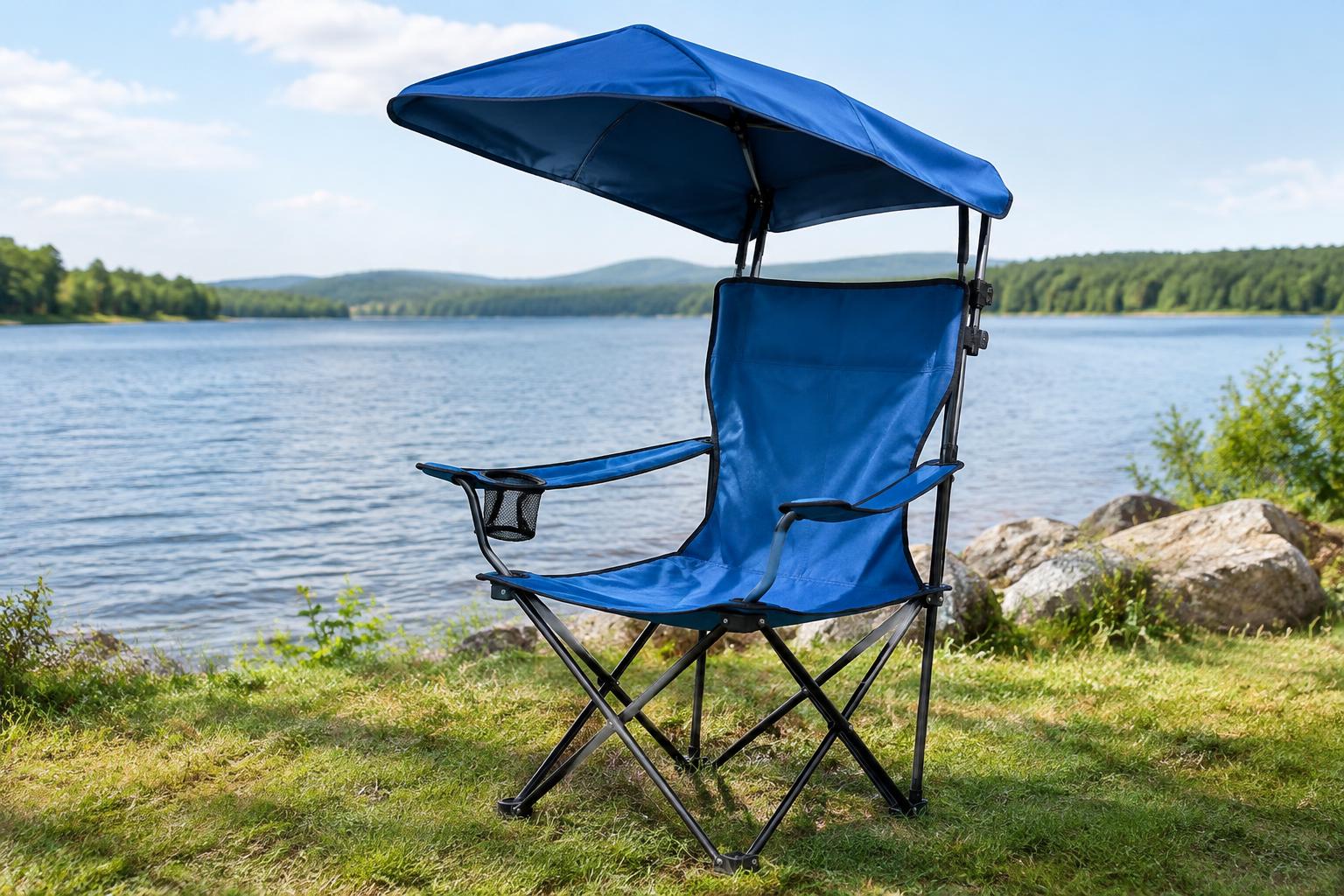 Sport-Brella Camping Chair with Clamp-On Sun Shade — AI-generated illustrative scene