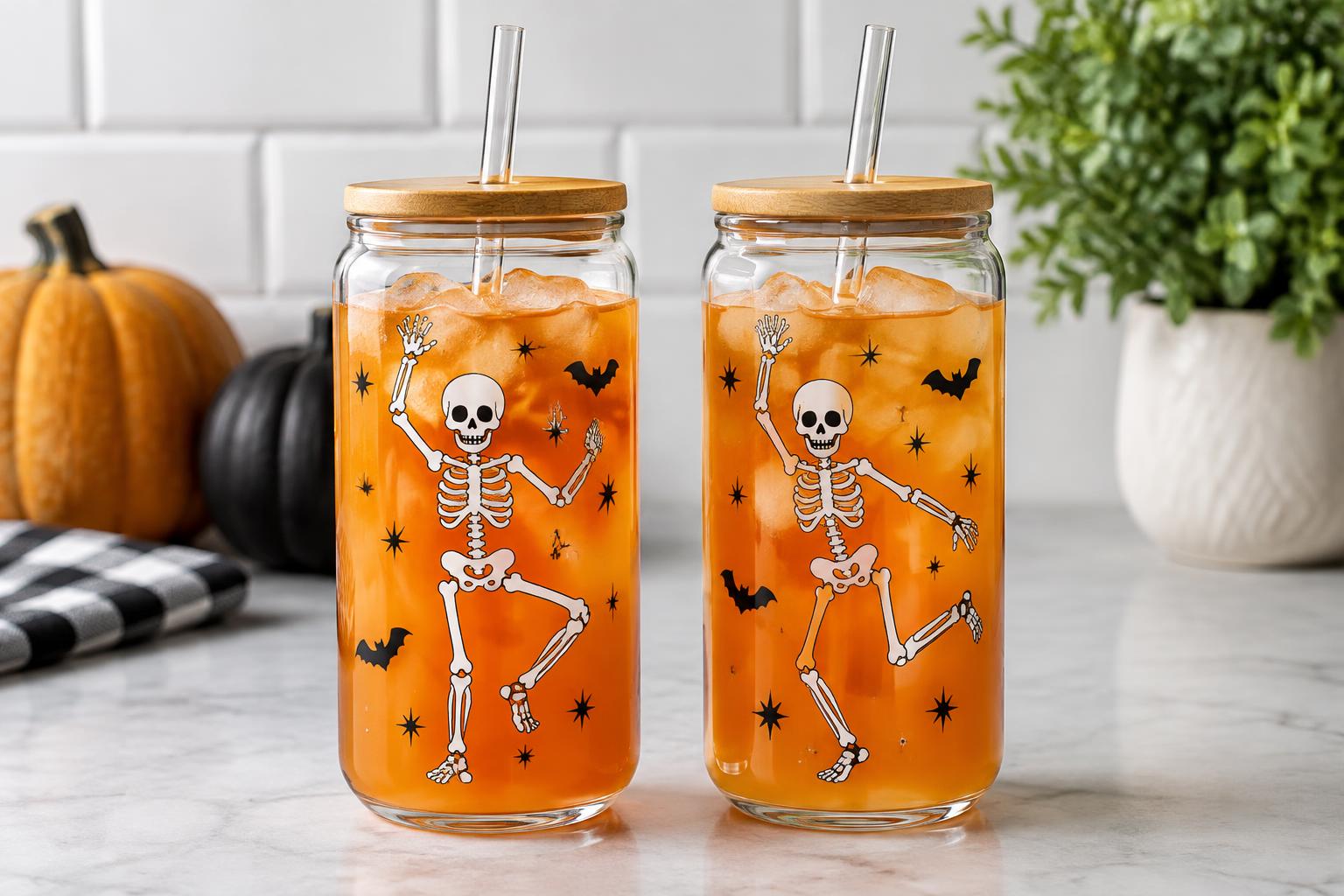 Way to Celebrate Halloween Dancing Skeleton Glass Can Sipper Tumbler 2 Pack — AI-generated illustrative scene