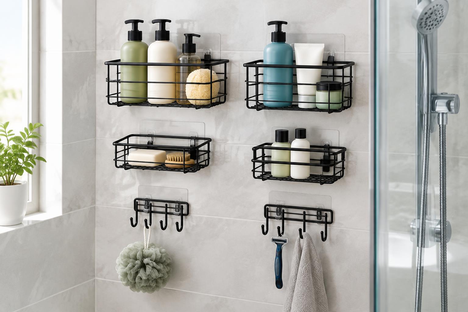 Ophanie 6-Piece Adhesive Shower Caddy Set at Walmart — AI-generated illustrative scene