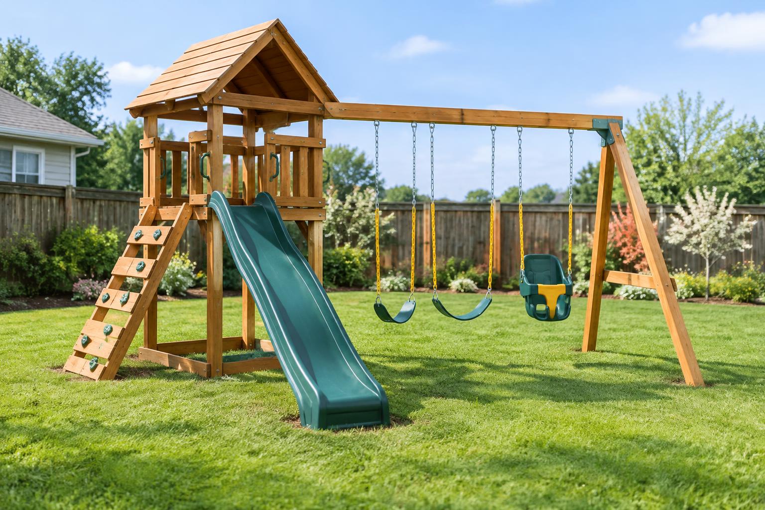 Sportspower Wildwood Wooden Swing Set from Walmart — AI-generated illustrative scene