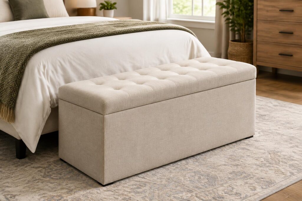 Ornavo Home Foldable Tufted Linen Storage Ottoman Bench from $23.98 at QVC — AI-generated illustrative scene