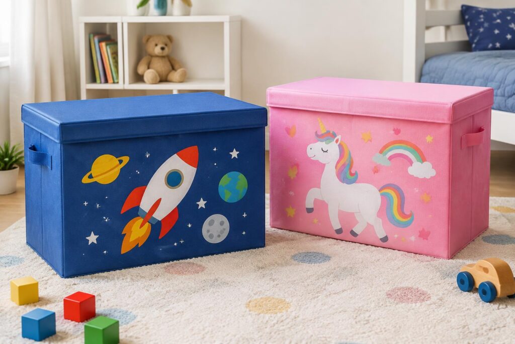TWO Kids Foldable Toy Storage Chests — AI-generated illustrative scene