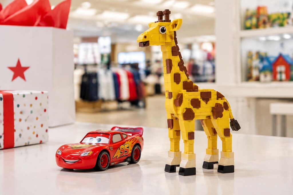 Free Lightning McQueen Die-Cast Car and Exclusive LEGO Giraffe at Macy's Birthday Event — AI-generated illustrative scene
