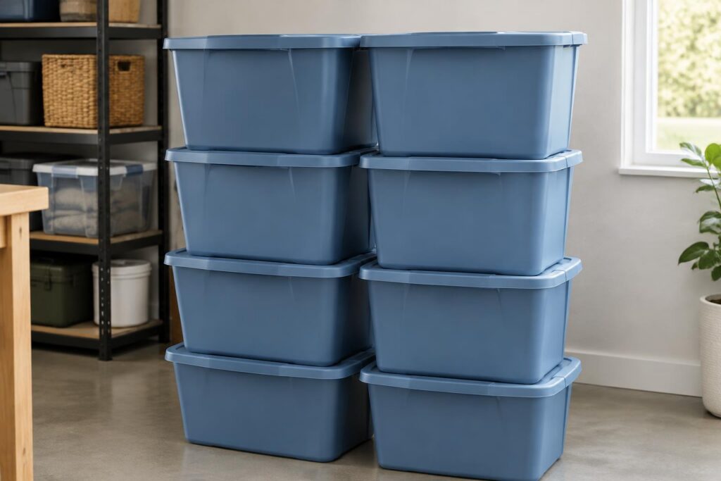 Sterilite 18 Gal Large Plastic Storage Bin with Snap-On Lid 8ct — AI-generated illustrative scene