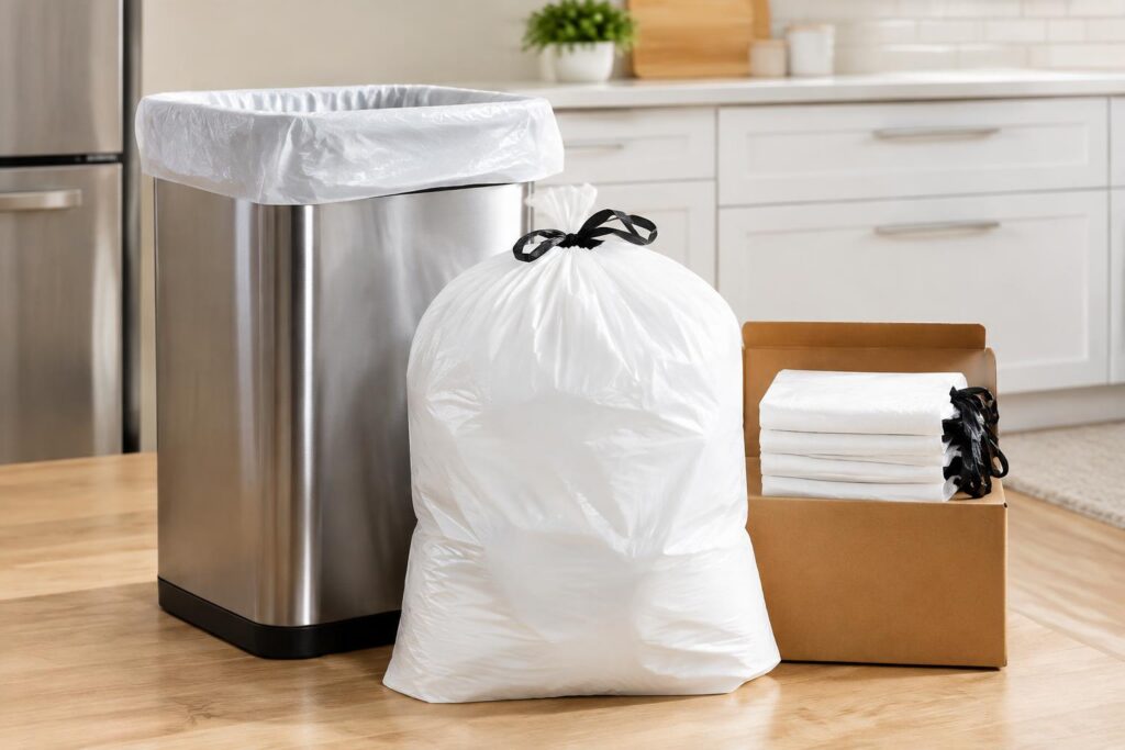 Amazon Basics Flextra Tall Kitchen Drawstring Trash Bags, 13 Gal 50 Ct — AI-generated illustrative scene