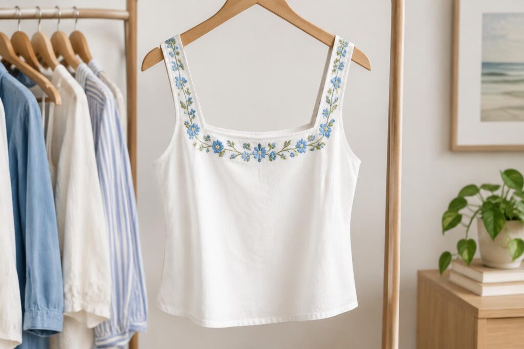 Free Assembly Embroidered Square Neck Cotton Tank Top — AI-generated illustrative scene
