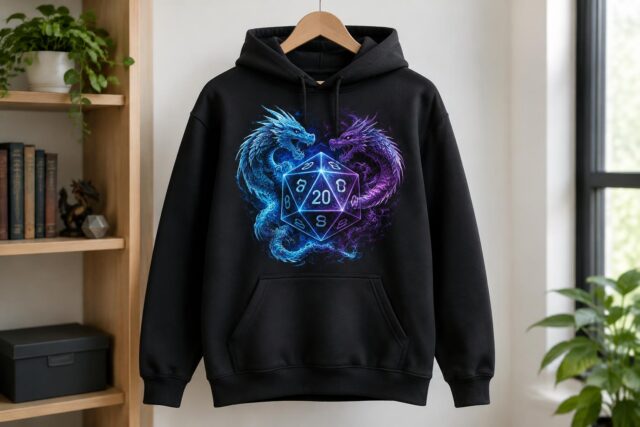 Dungeons and Dragons Men’s Electric Dice Graphic Hoodie — AI-generated illustrative scene