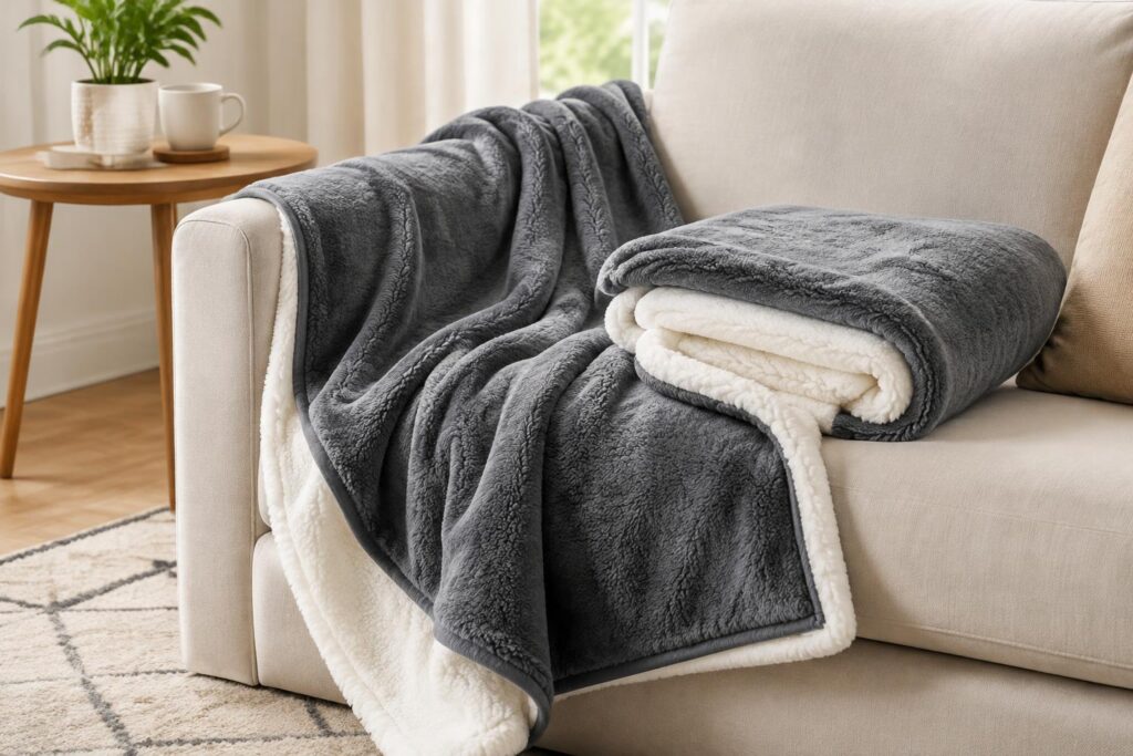 Bedsure GentleSoft 50″x60″ Reversible Sherpa Fleece Throw Blanket — AI-generated illustrative scene