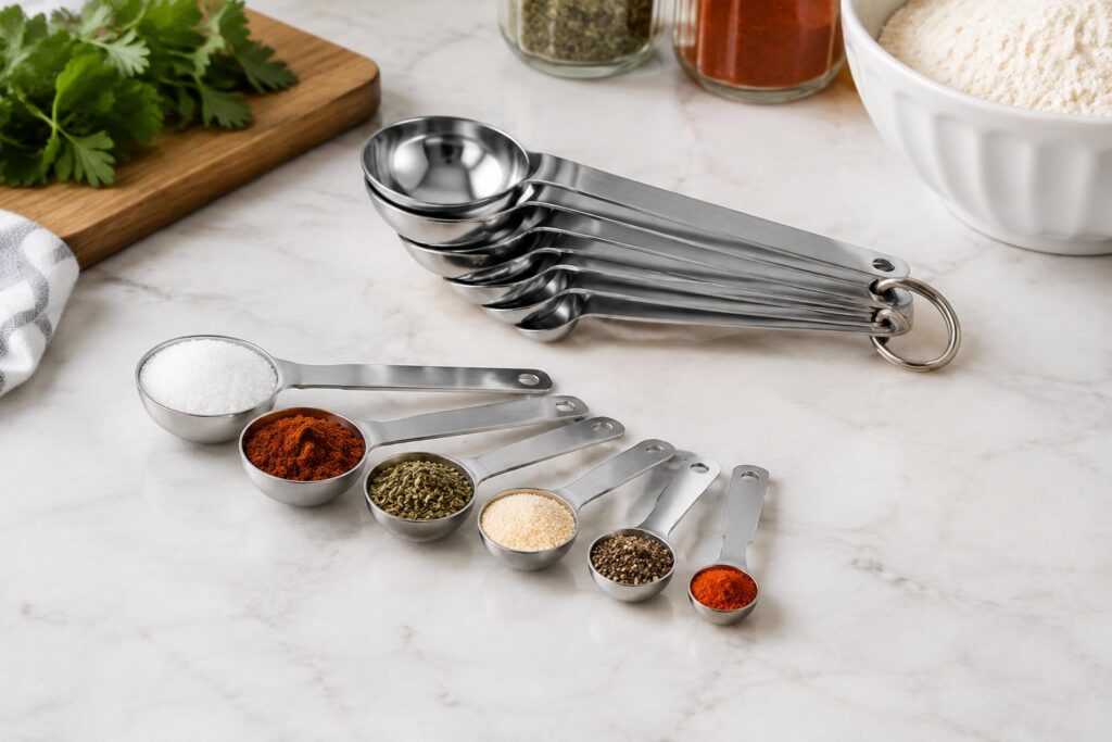 Pack of 8 Stainless Steel Magnetic Measuring Spoons — AI-generated illustrative scene
