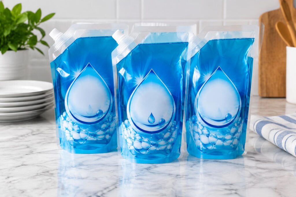 3-Pack Dawn Platinum Plus PowerSuds Dish Soap Refill — AI-generated illustrative scene