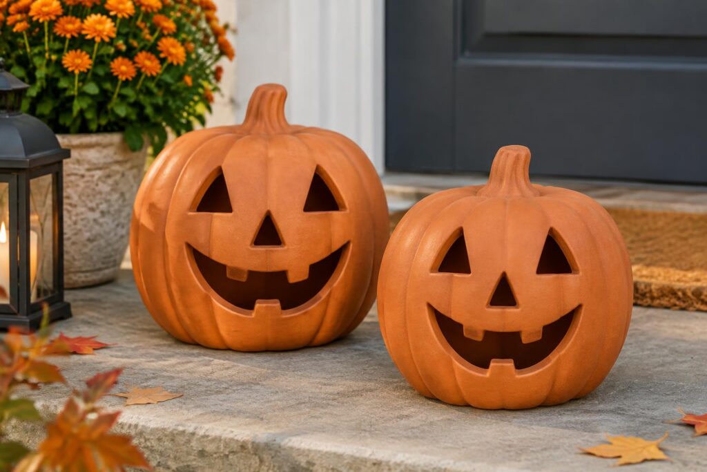 Terracotta Jack-o’-Lantern Pumpkins 2Pcs — AI-generated illustrative scene