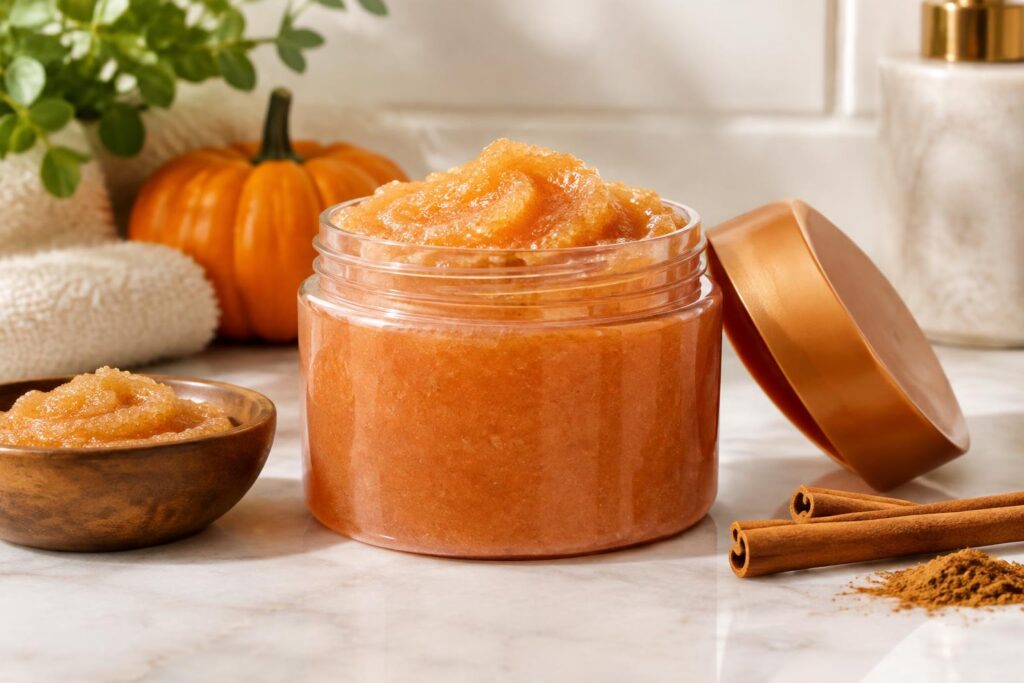 Tree Hut Pumpkin Roll Body Scrub — AI-generated illustrative scene