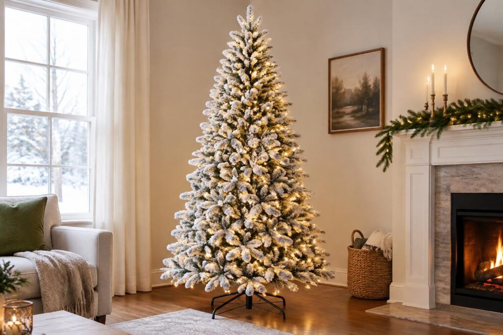 6FT Pre-Lit Snow Flocked Christmas Tree — AI-generated illustrative scene