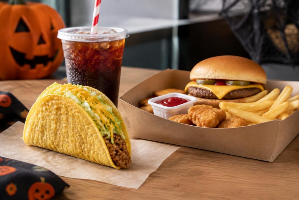 Jack in the Box Halloween Deals: Free Monster Taco & Small Drink for Costumed Visitors + Munchie Meal of Horror Perks — AI-generated illustrative scene