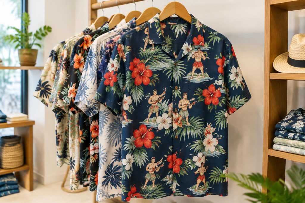 Men’s Character Hawaiian Shirts — AI-generated illustrative scene