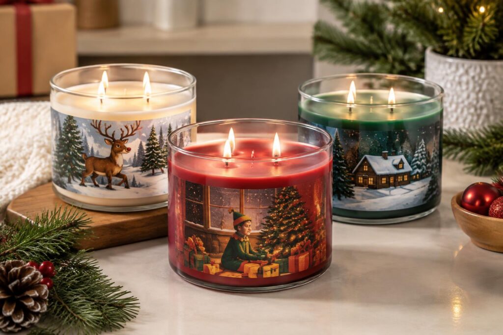 NEW Goose Creek Holiday 3-Wick Candles Available at Walmart | Elf, Rudolph, & More — AI-generated illustrative scene