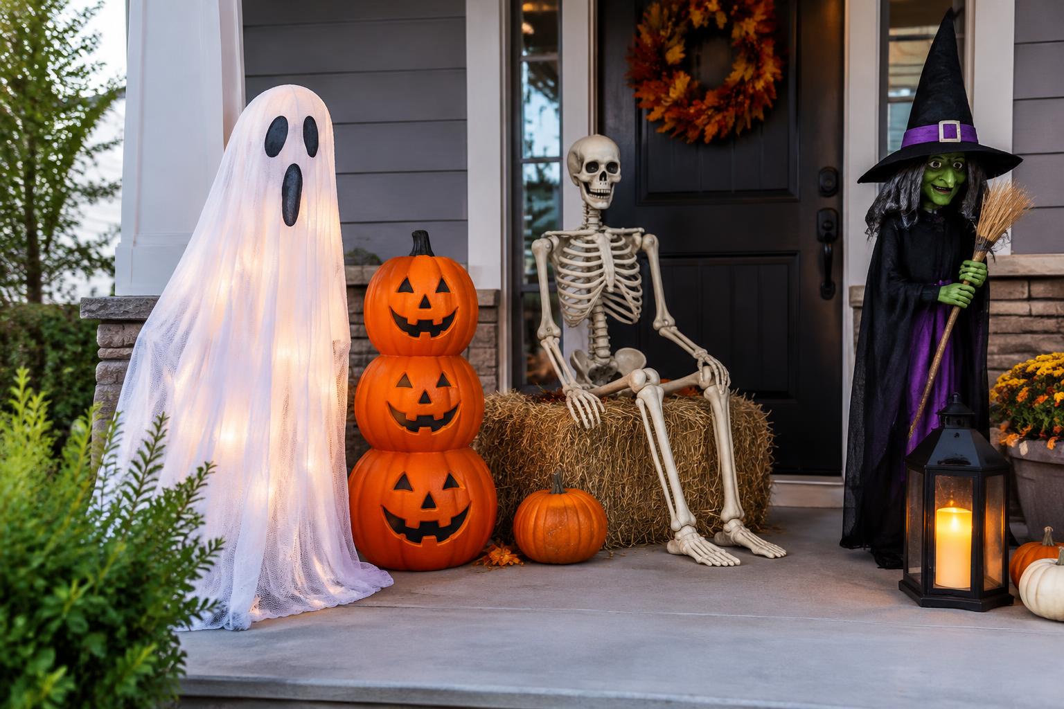 Halloween porch decorations with jack-o-lanterns, a ghost, a skeleton, and a witch
