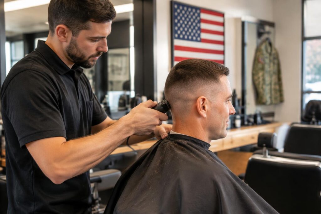 Free Haircuts for Veterans and Military at Sport Clips on Veteran's Day — AI-generated illustrative scene
