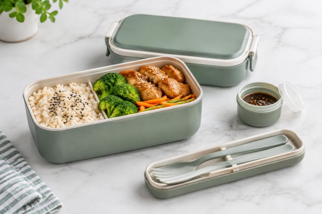 Bento Lunch Box w/ Utensils & Condiment Container — AI-generated illustrative scene