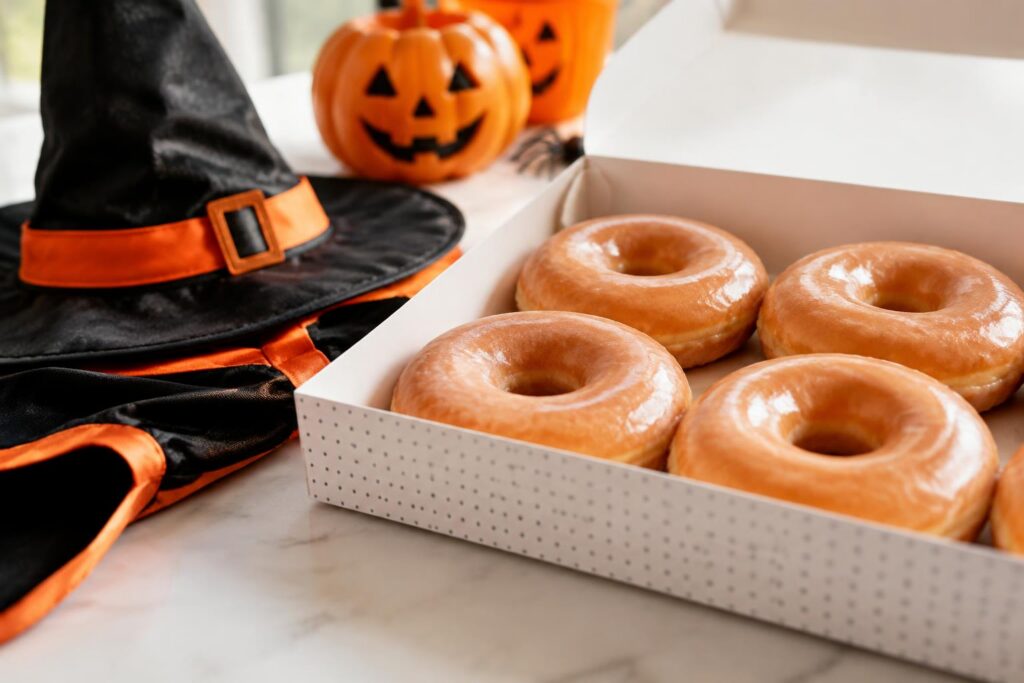 Free Krispy Kreme Doughnut on October 30th & 31st with Halloween Costume — AI-generated illustrative scene
