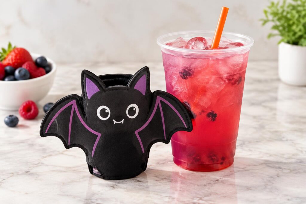 FREE Dunkin’ Bat Koozie with Berry Battie Refresher Purchase on 10/16 — AI-generated illustrative scene