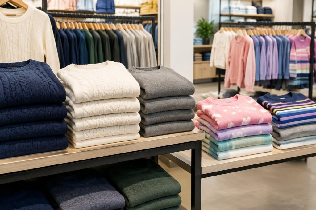 Today Only! $18 Adult Sweaters and $12 Kids Sweaters at Old Navy — AI-generated illustrative scene
