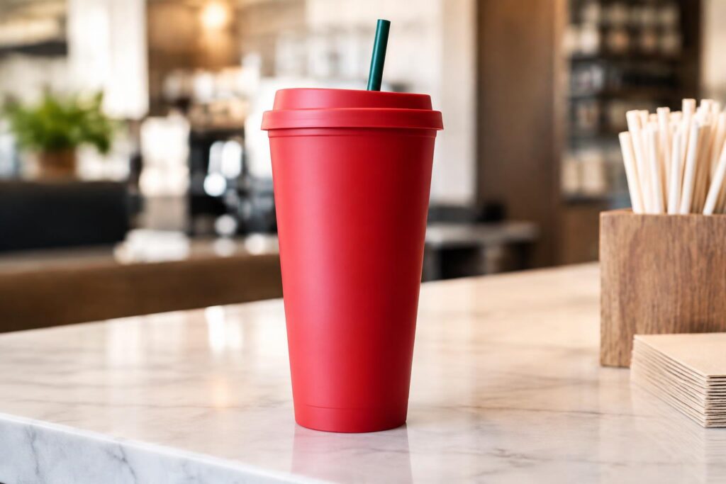Free Grande Starbucks Reusable Red Cup on November 12, 2026 — AI-generated illustrative scene