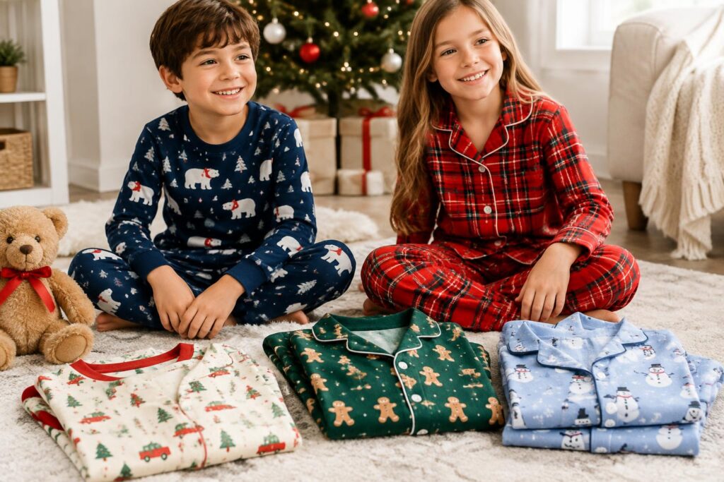Holiday Pajamas at The Children’s Place Starting $7.34 with Code FESTIVE20 — AI-generated illustrative scene
