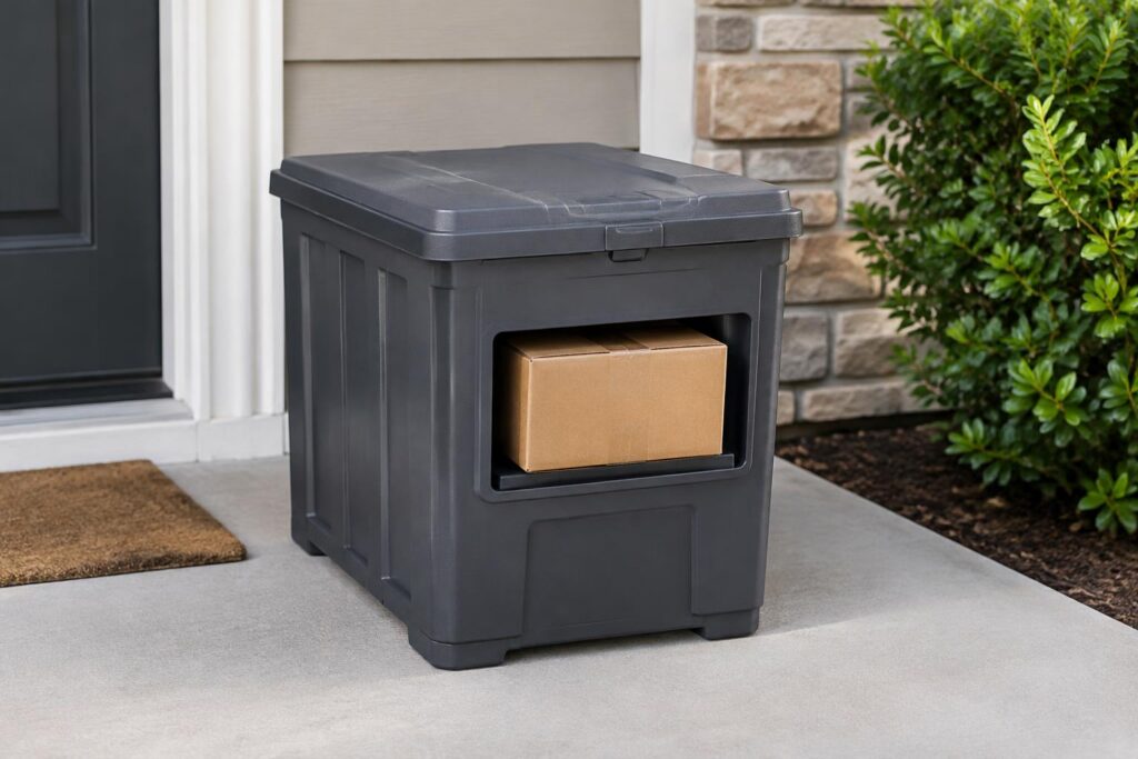Step2 Express Parcel Delivery Box $33.xx at Home Depot — Secure and Weather-Resistant — AI-generated illustrative scene