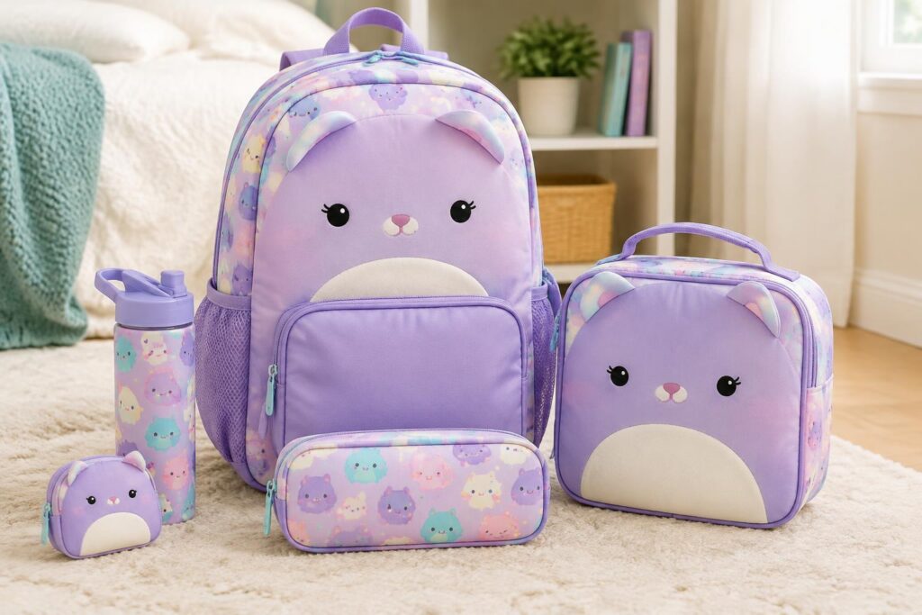 Squishmallow 5-Piece Backpack Set with Detachable Lunch Bag — AI-generated illustrative scene