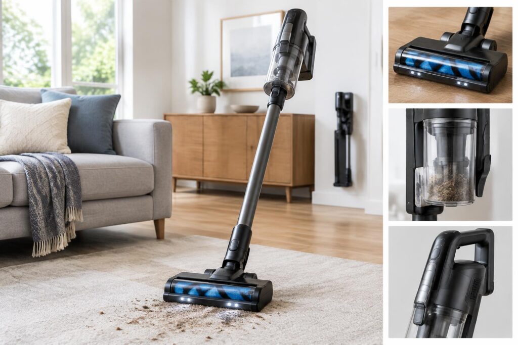 Shark Cordless Vacuum with Self Cleaning PowerFins Brushroll — AI-generated illustrative scene