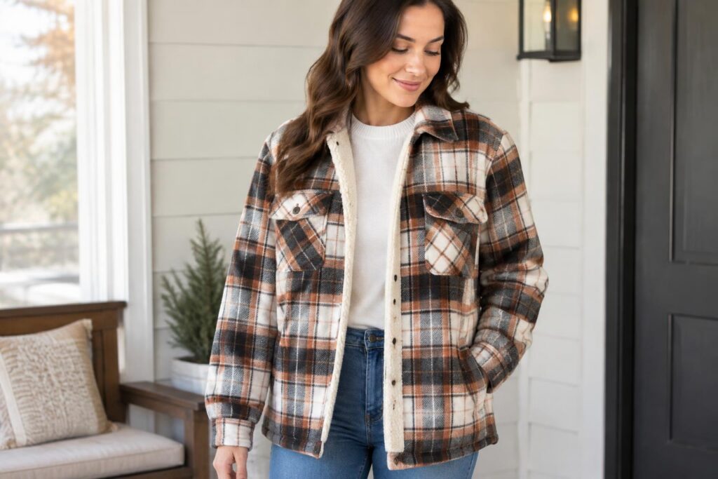 Women’s Sherpa Lined Flannel Shirt Jacket — AI-generated illustrative scene
