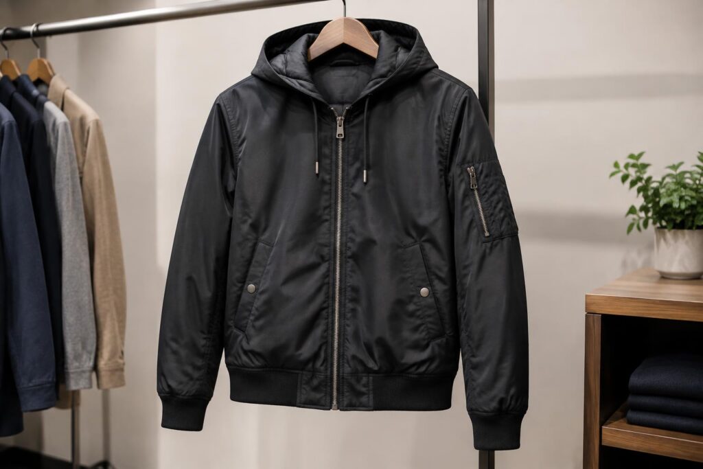 Michael Kors Men’s Hooded Bomber Jacket — AI-generated illustrative scene
