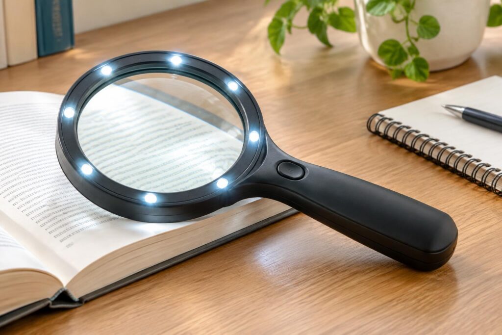 Large Magnifying Glass w/ Lights — AI-generated illustrative scene