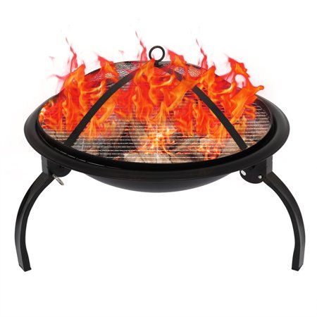 21 Inch Grill Fire Pit, SYNGAR Outdoor Wood Burning Bonfire BBQ Fire Bowl, Lightweight Metal Fire Pit Bowl with Spark Screen, Poker & Grill, for BBQ, Camping, Picnics, Beach, Garden, Yard, Black, D722