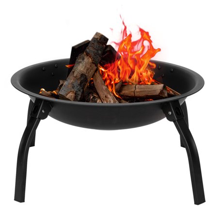 22in Fire Pit Bowl, Wood Burning Portable Folding Steel Outdoor Camping BBQ Grill Fire Bowl with Screen Cover, Log Grate