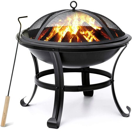 22in Metal Round Fire Pits Outdoor Fire Pits Stove Brazier Barbecue Grill with Poker and Grate