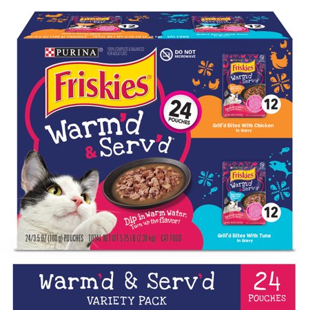 (24 Pack) Friskies Gravy Wet Cat Food Variety Pack, Warm'd & Serv'd Grill'd Bites With Chicken & With Tuna, 3.5 oz. Pouches