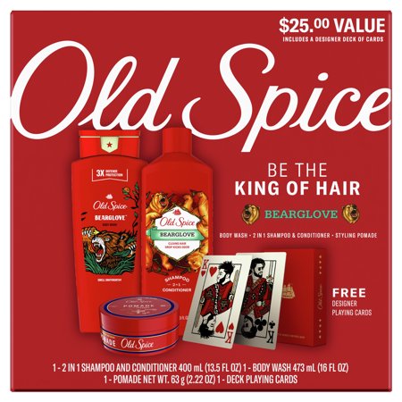 ($25 VALUE) Old Spice Hair Style Bearglove Holiday Pack With 2 in 1 Shampoo and Conditioner, Body Wash, Hair Pomade and a deck of playing cards