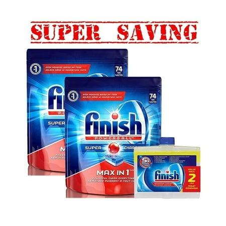 2XFinish Dishwasher Detergent Soap, Max In 1 Powerball , 74 Tablets & 2 Pk Finish Dishwasher Cleaner 2 X 250...